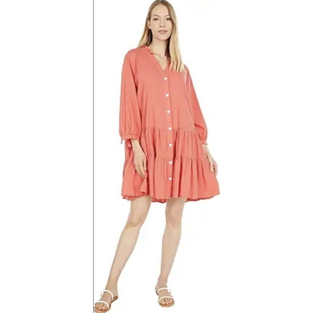 Tommy Hilfiger Women's Boho Linen Dress, Coral Loose Fit Button Down Sz M